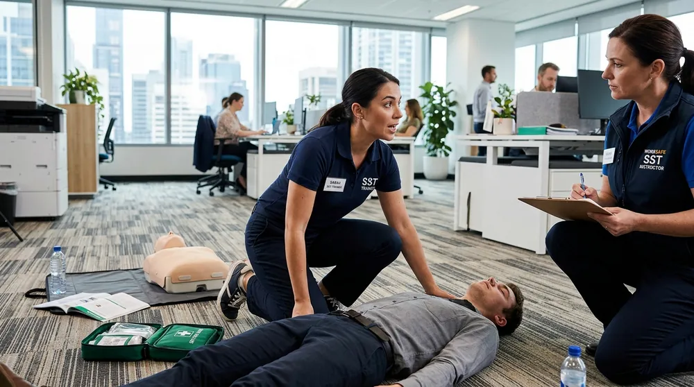 Secouriste du travail portant assistance à un collègue à Bousse Secouriste du travail portant assistance à un collègue à Bousse